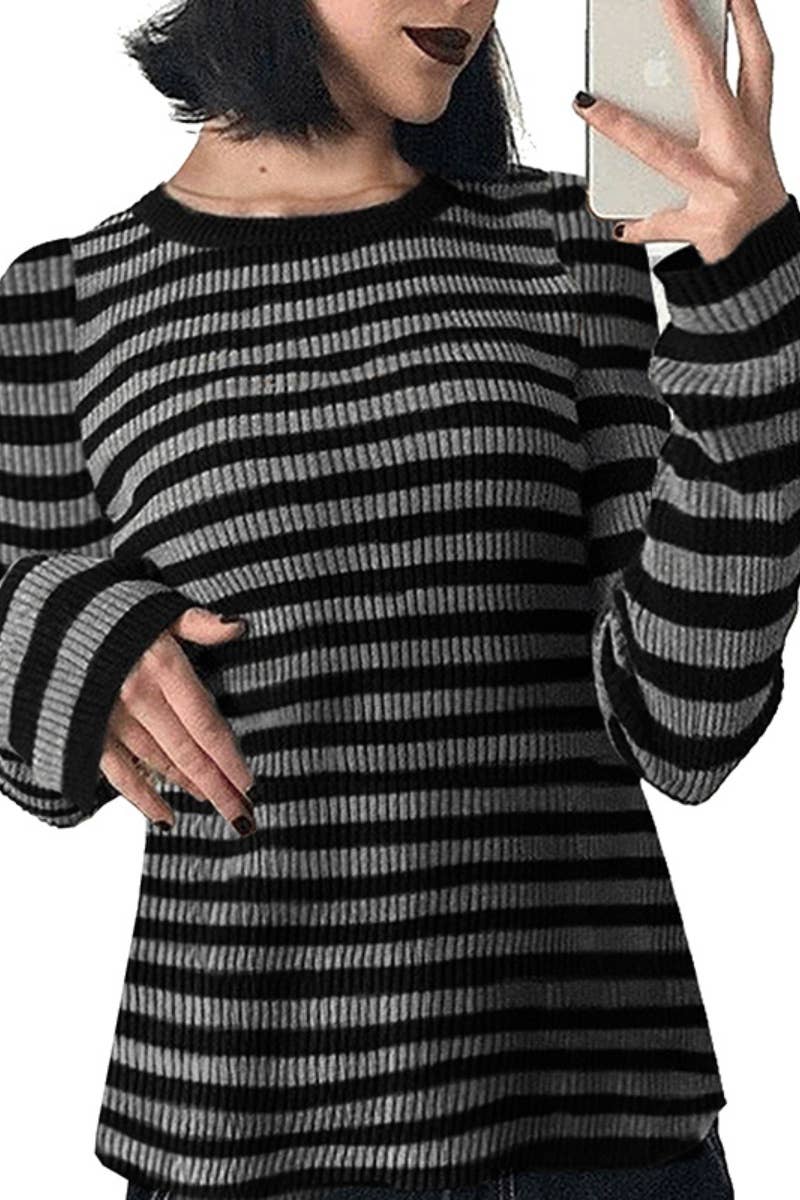 CWOSWL5169_CREW-NECK STRIPED COMMUTER LONG-SLEEVED SWEATER