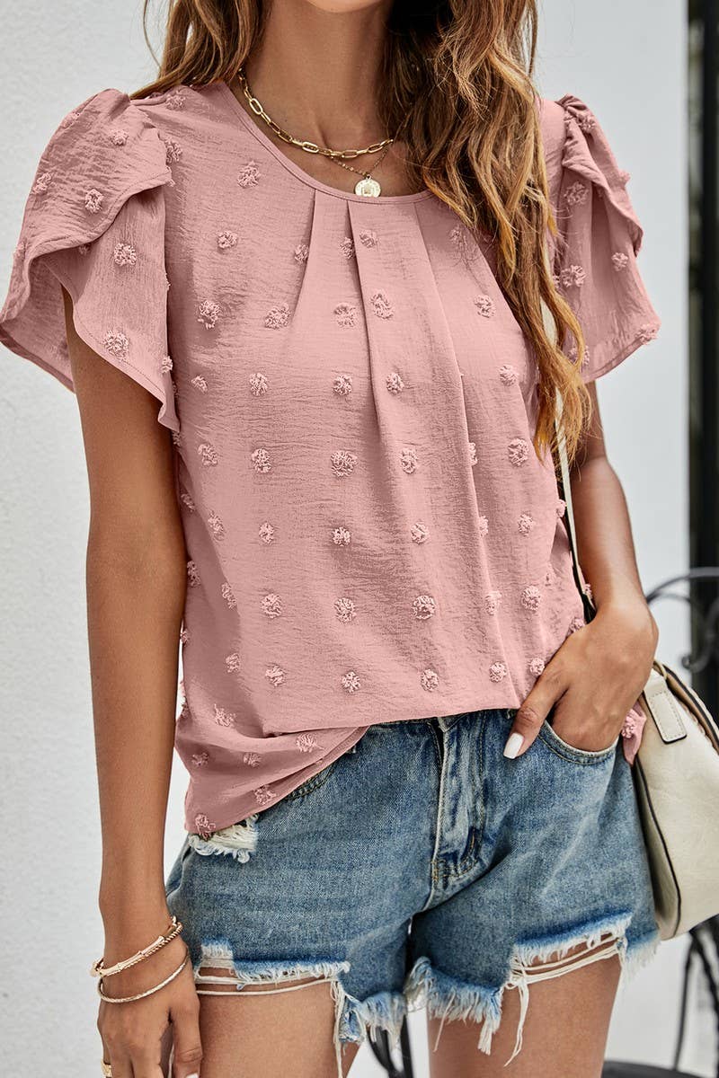 CWTBLS0342_Round neck Short Puff Sleeve Blouse