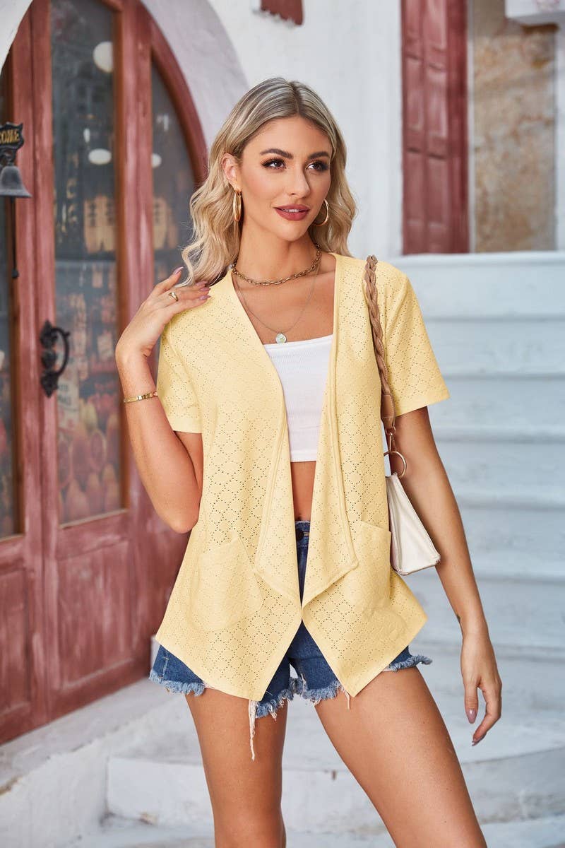 CWTBLS1113_SOLID COLOR HOLLOW CASUAL SHORT-SLEEVED CARDIGAN