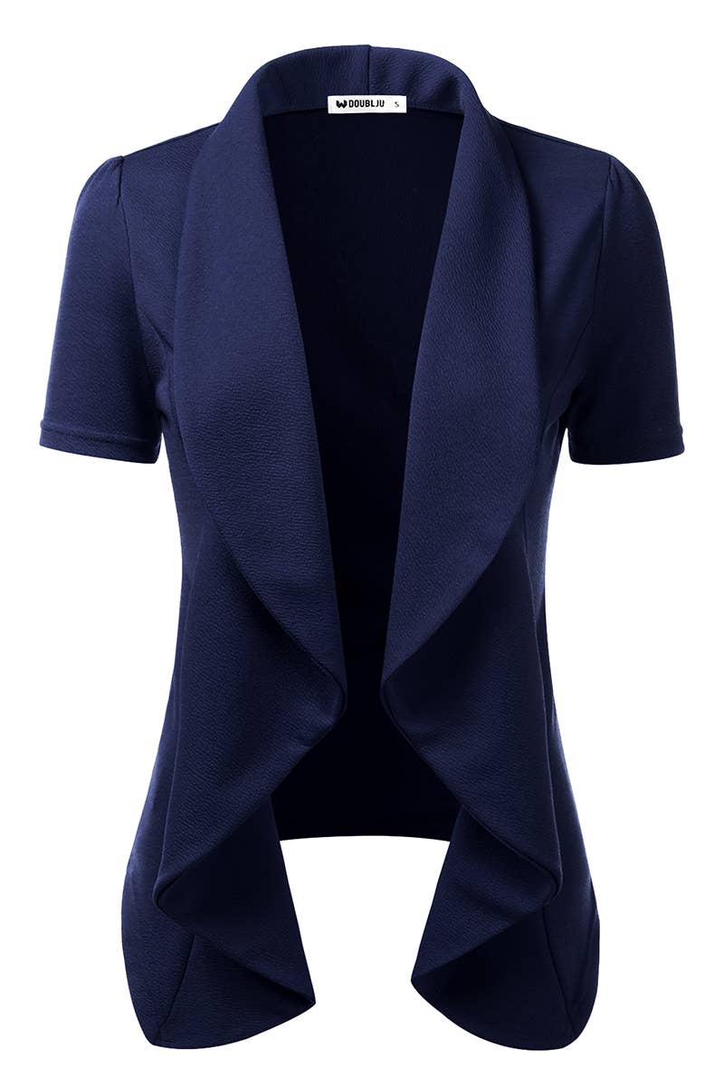 CWOBL095_Short Sleeve Open Front Draped Ruffles Blouses