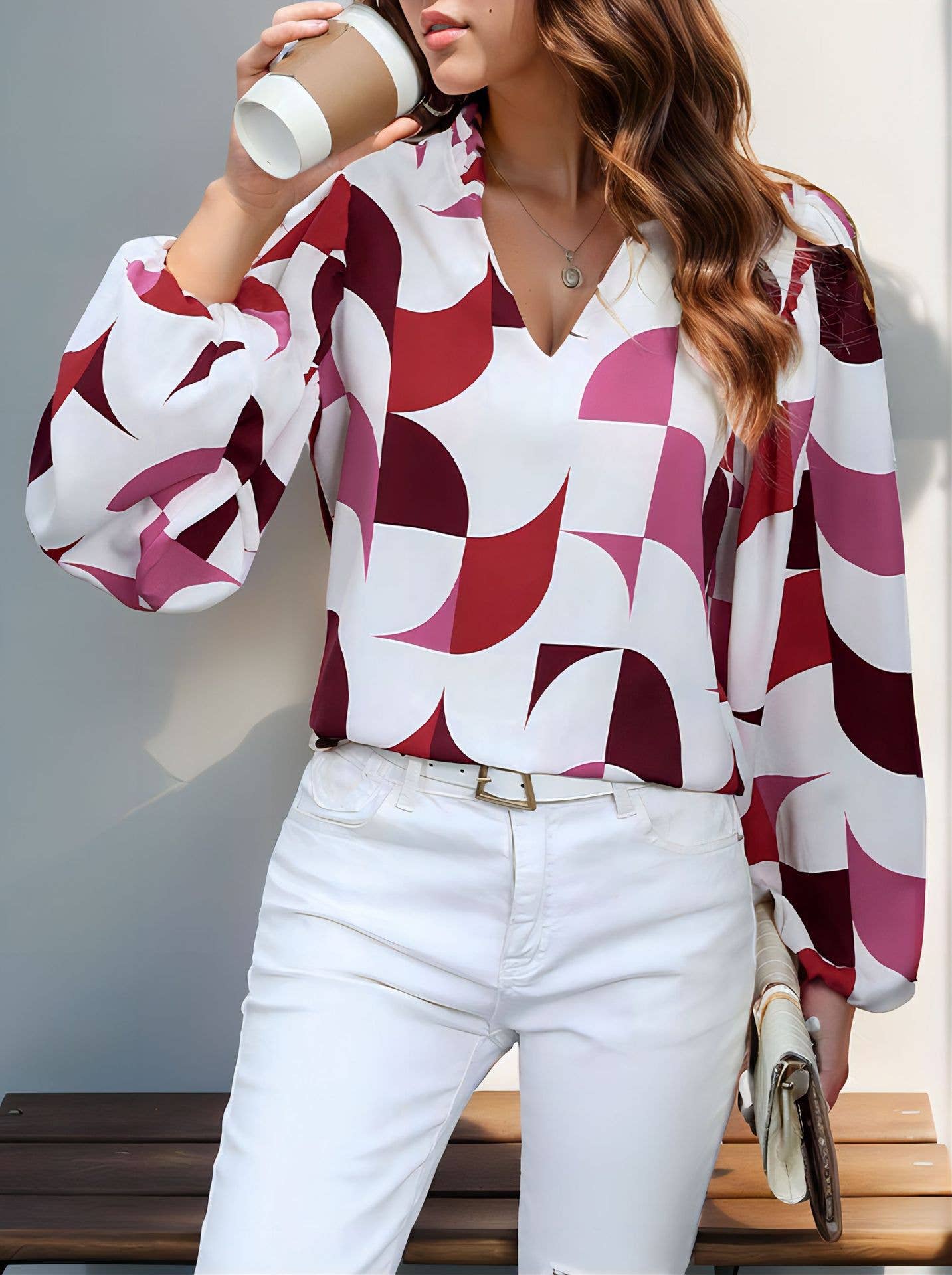 FASHION V-NECK PRINT PULLOVER KNITWEAR LADY