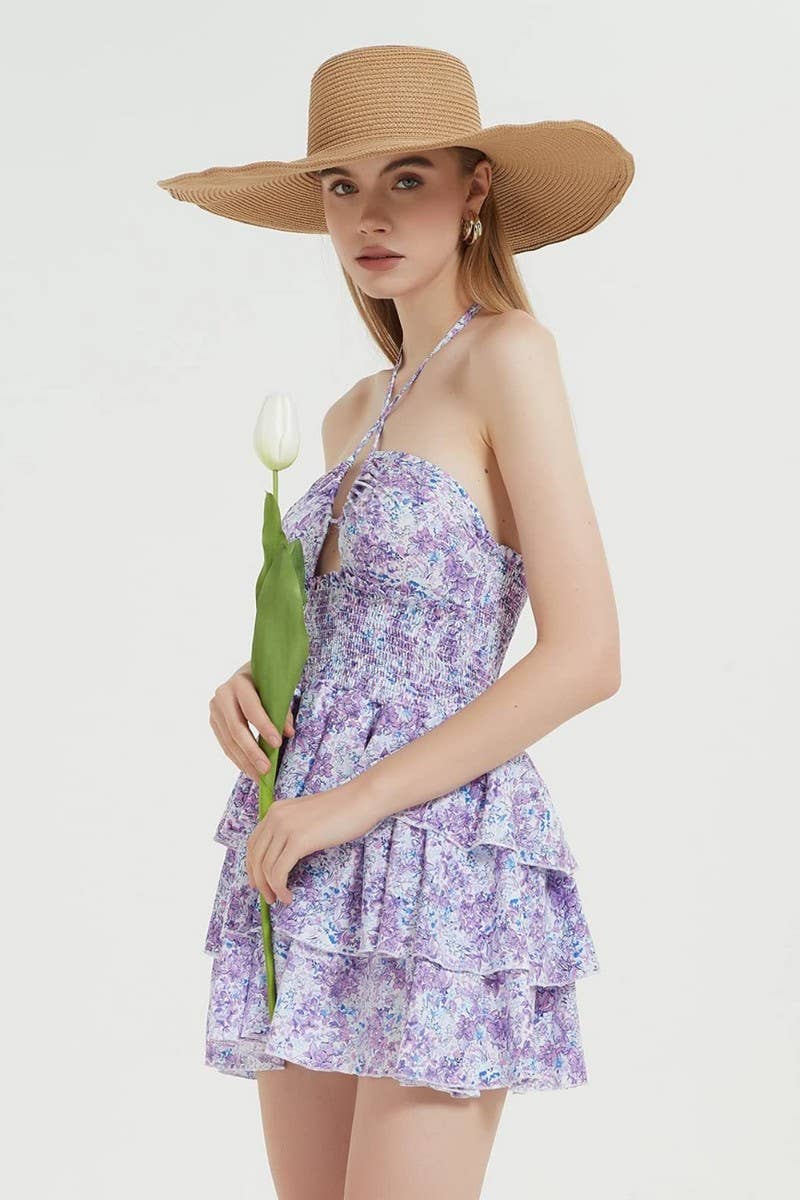 CWDHL1031_FLORAL HALTER WAIST RUCHED PUFF ROMPER DRESS