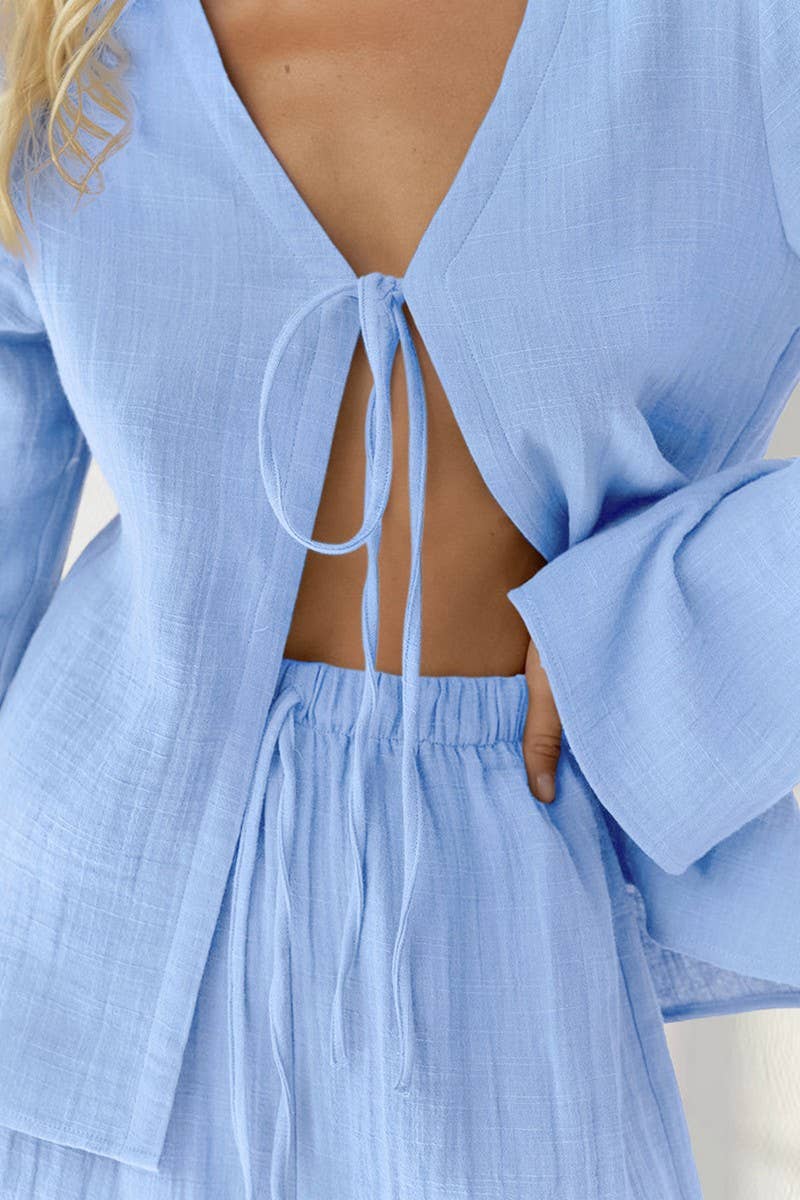 CWSPJ0327_CARDIGAN TIE LONG SLEEVE SHORTS PAJAMA SET