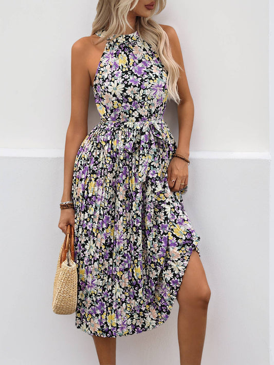 Elegant refined printed sleeveless halter dress