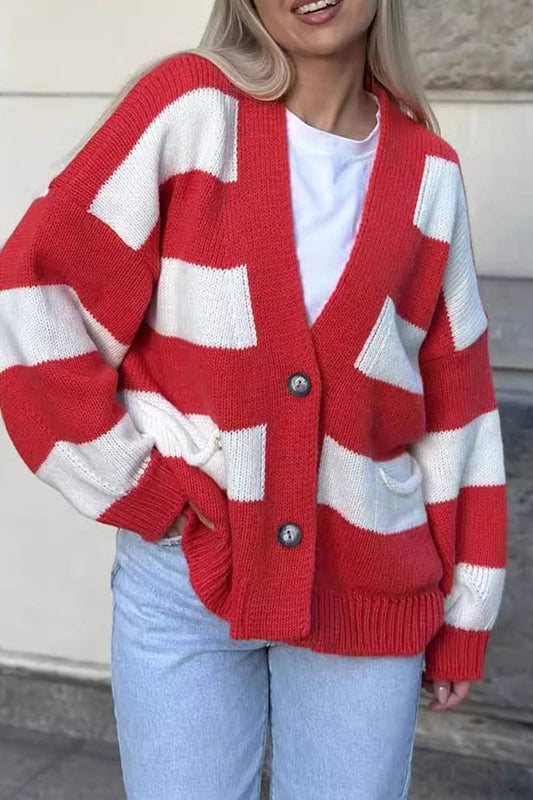 Color contrast striped loose sweater cardigan