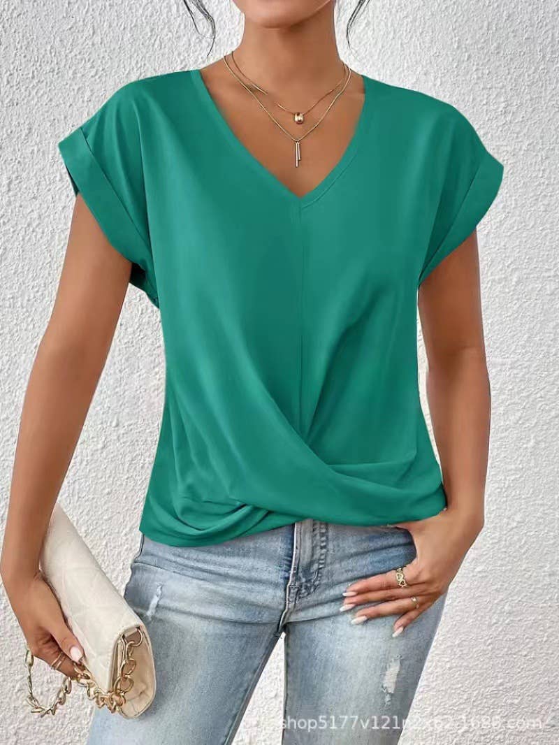 Elegant short-sleeved solid-color V-neck T-shirt