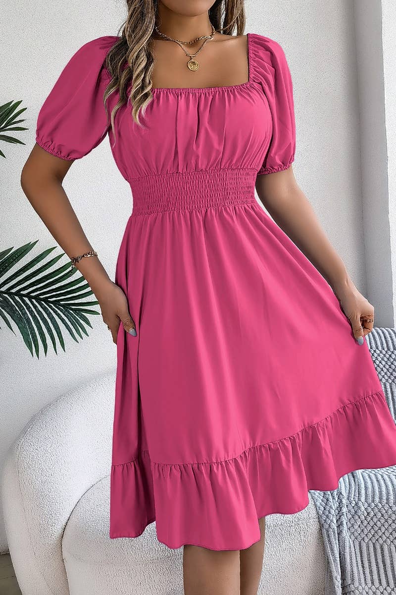 CWDSD4632_SQUARE NECK SHORT SLEEVE WAIST PEPLUM DRESS