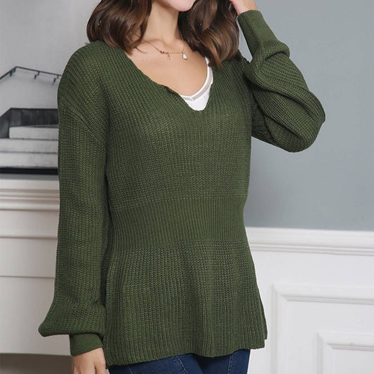 FASHION V-NECK LONG SLEEVE RUFFLED WAIST KNIT