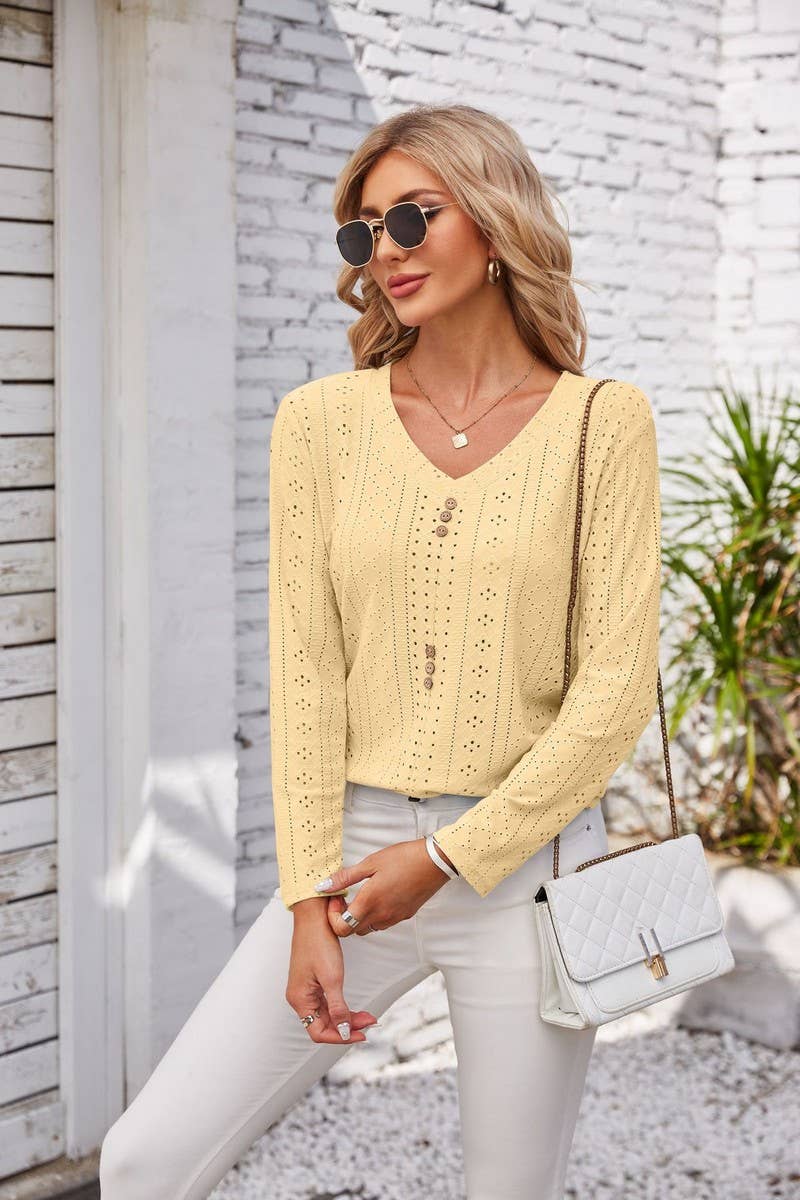 CWTBLL1042_V-NECK LONG-SLEEVED T-SHIRT TOP