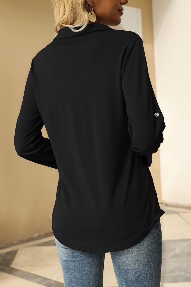 CWTBLL3627_AUTUMN ELASTIC V-NECK LONG-SLEEVED T-SHIRT TOP