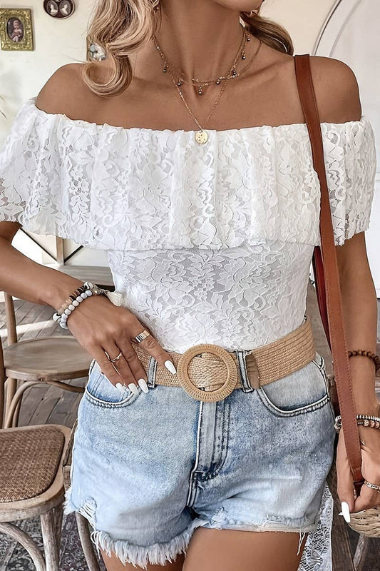 CWTBLS1529_OFF-SHOULDER RUFFLED LACE SHORT-SLEEVED TOP