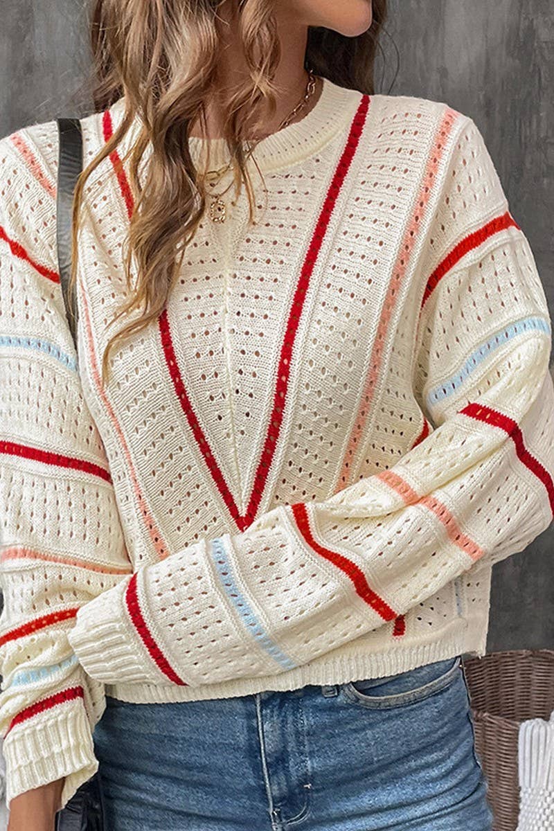 CWOSWL3837_COLORFUL STRIPED CREW NECK SWEATER