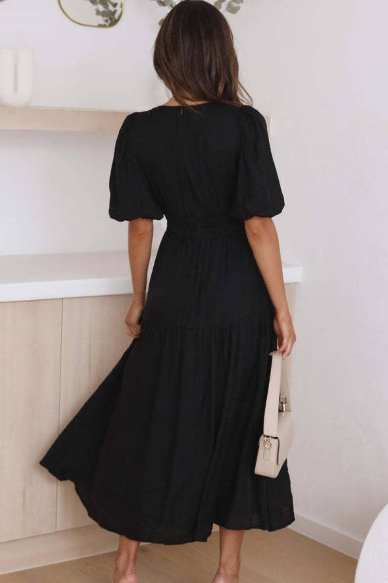 CWDMD1911_WOMEN'S SEXY DEEP V MID-SLEEVE LONG DRESS