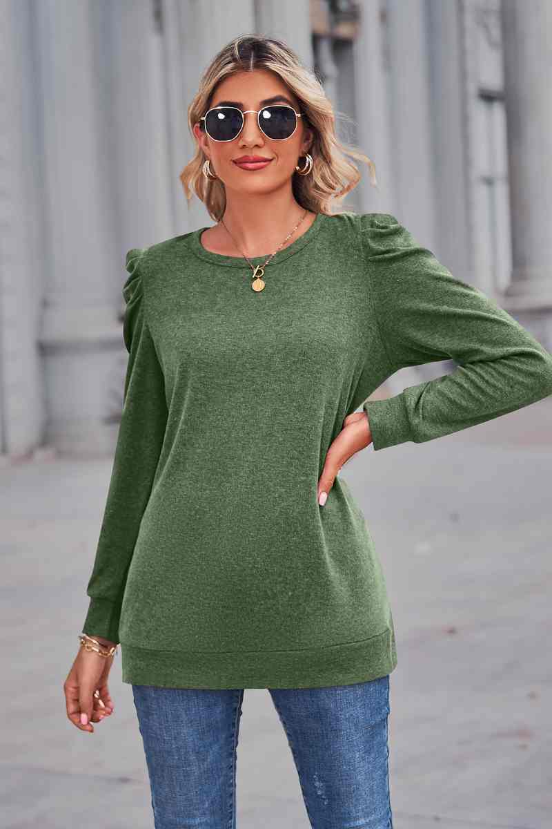 CWTBLL2844_LOOSE CREW-NECK PLEATED LONG-SLEEVED TOP