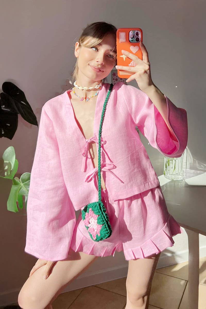 CWSTB1813_COTTON TIE-FRONT CARDIGAN & SHORTS SET