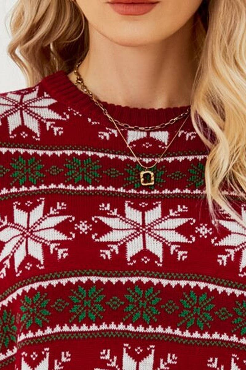 CWOSWL2437_ROUND NECK SNOWFLAKE RED CHRISTMAS SWEATER