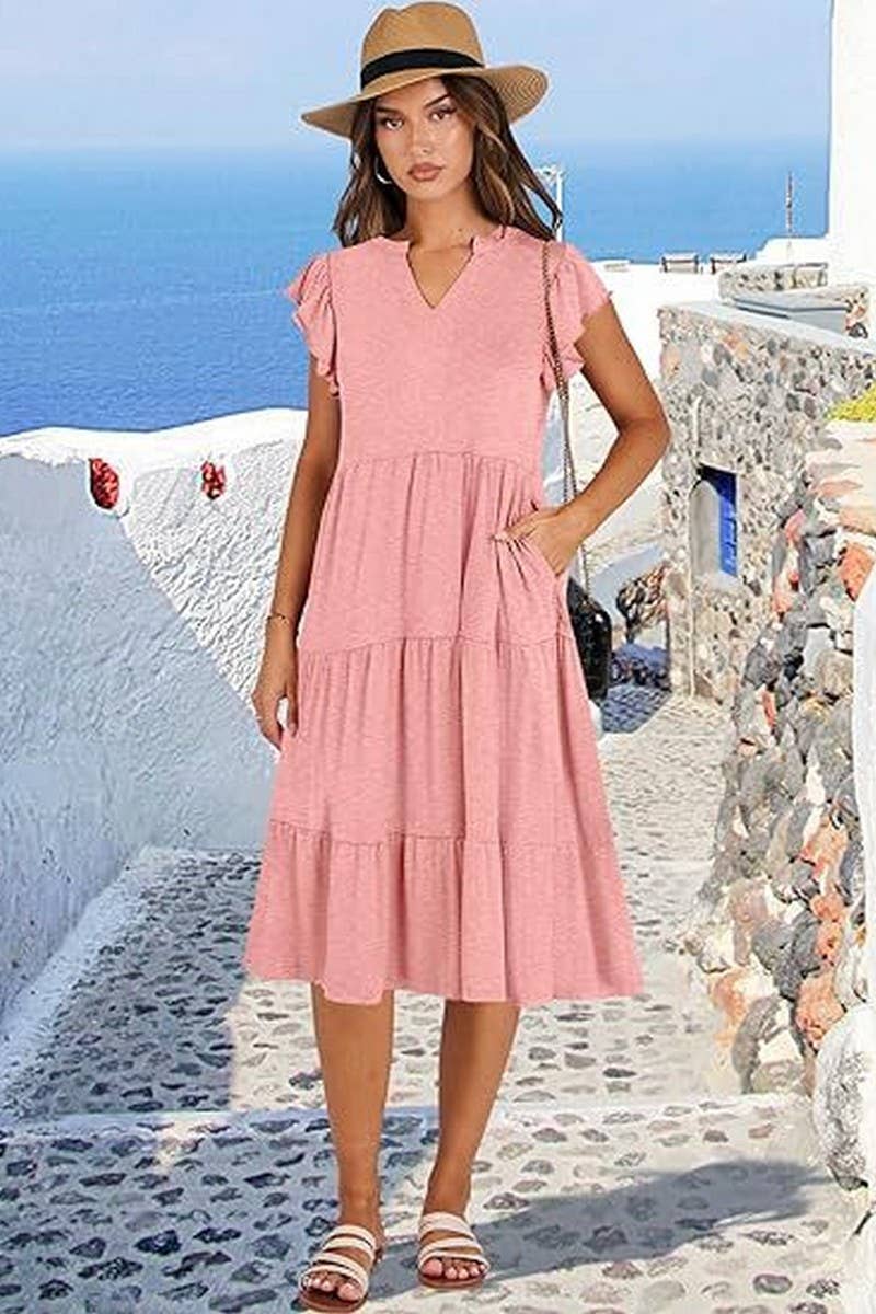 CWDMD6340_V-NECK RUFFLE SLEEVES WIDE POCKET DRESS