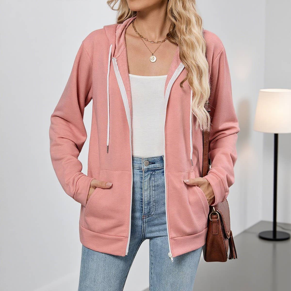 Color-blocking zipper hooded pocket sweatshirt