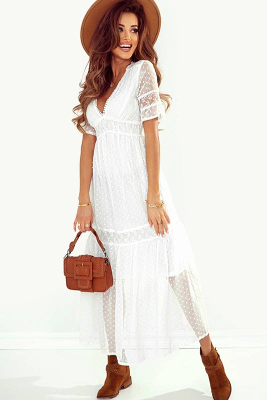 CWDMD3108_MESH STITCHING LACE SHORT SLEEVE DRESS LONG