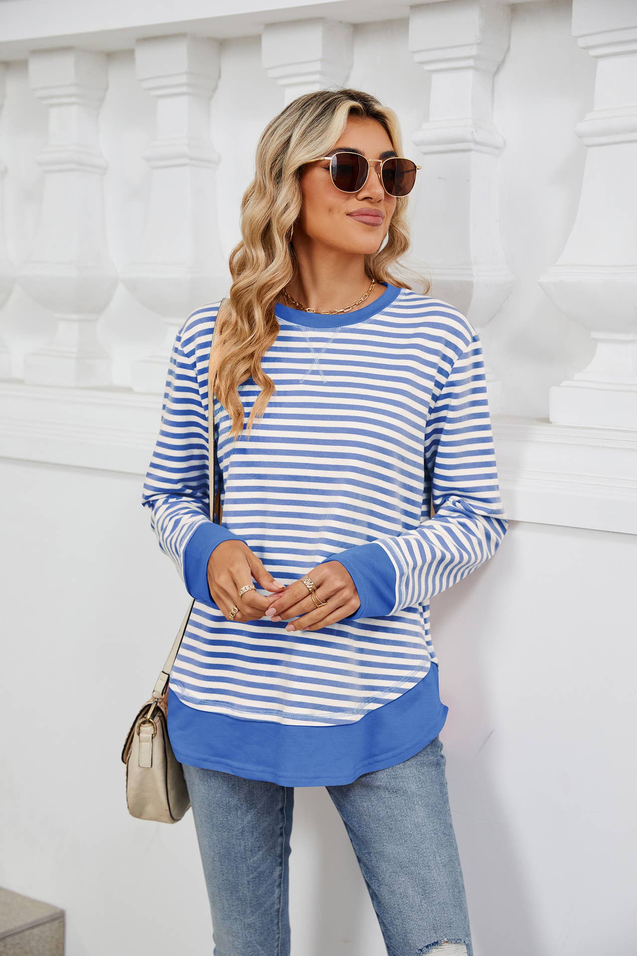 Crew-neck striped long-sleeved hoodie