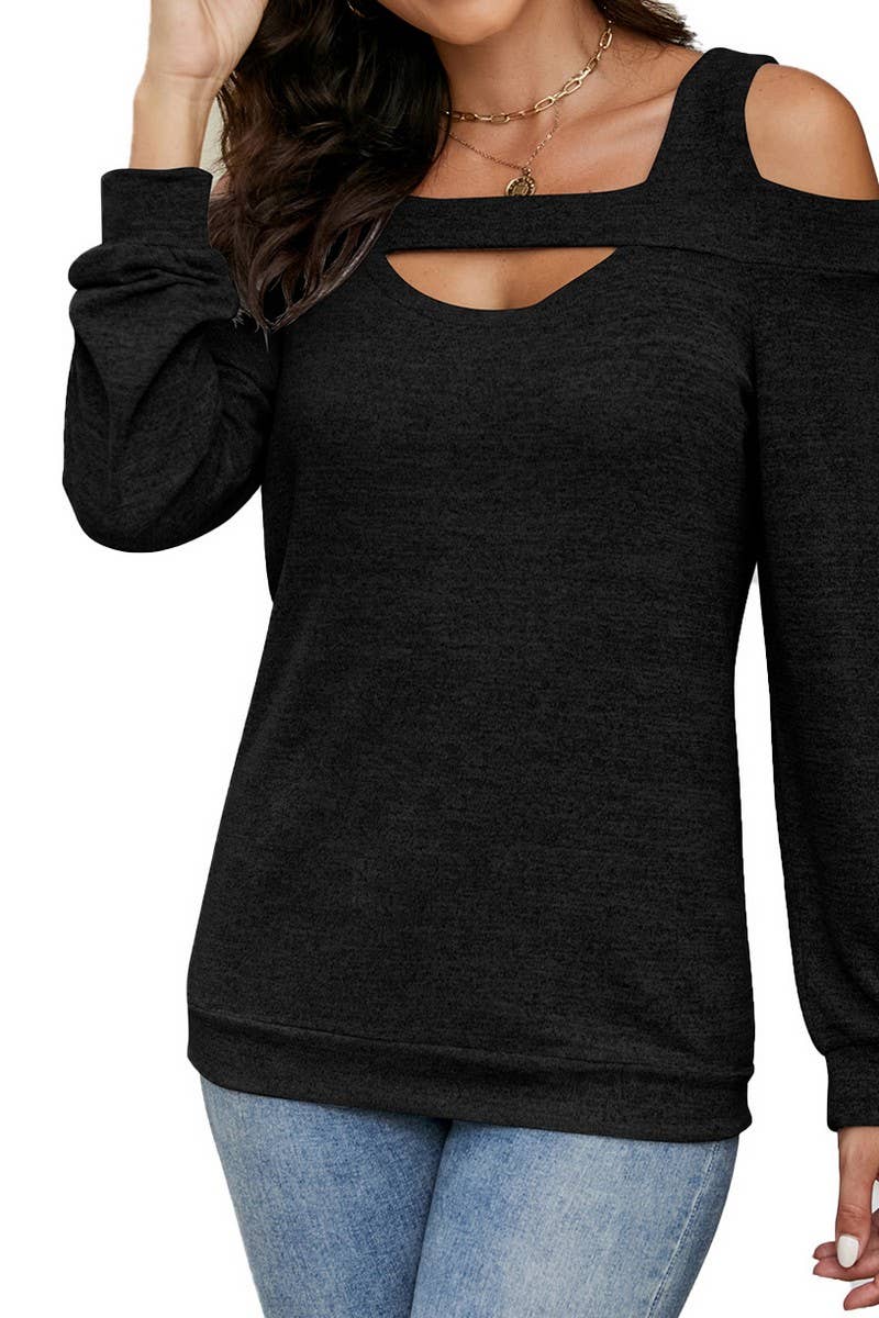 CWTBLL2373_OFF-SHOULDER HOLLOW SOLID COLOR LONG-SLEEVED TOP