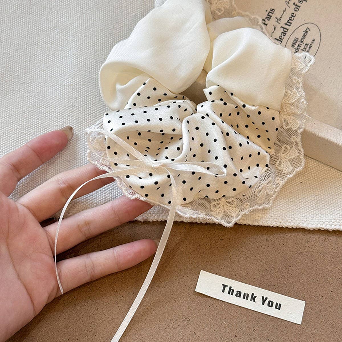 Polka Dot Bow Scrunchie with Ballet Ribbon Tails_CWAHA5515