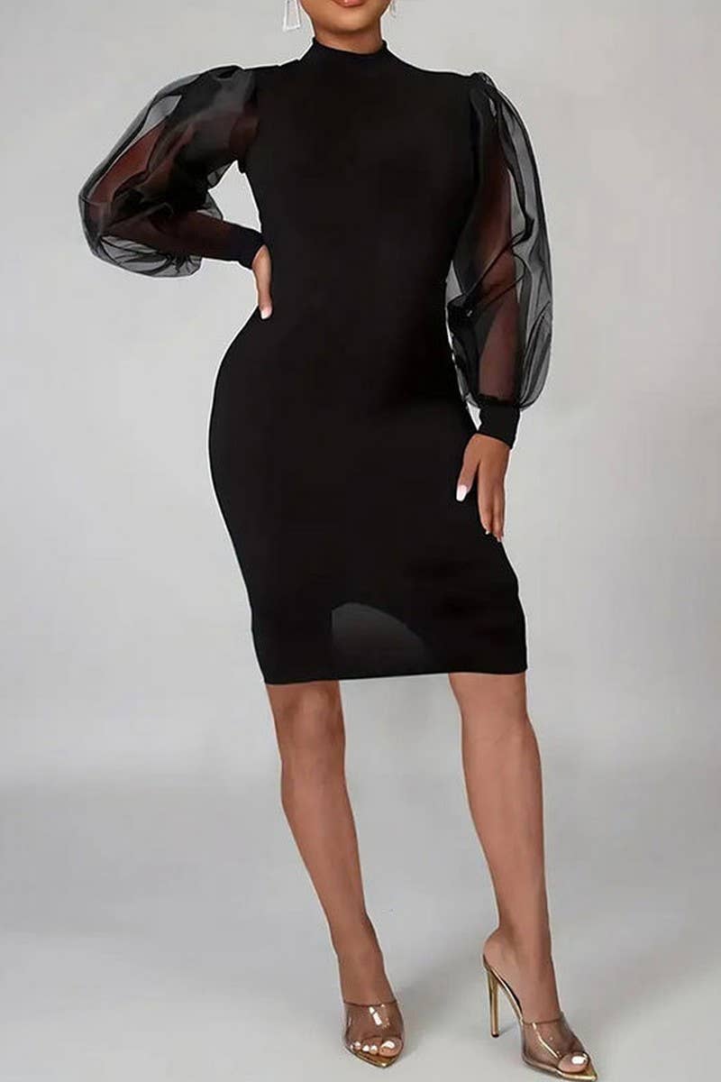 CWDSD7642_ELEGANT PERSPECTIVE MESH PATCHWORK SLIT HIP SKIRT