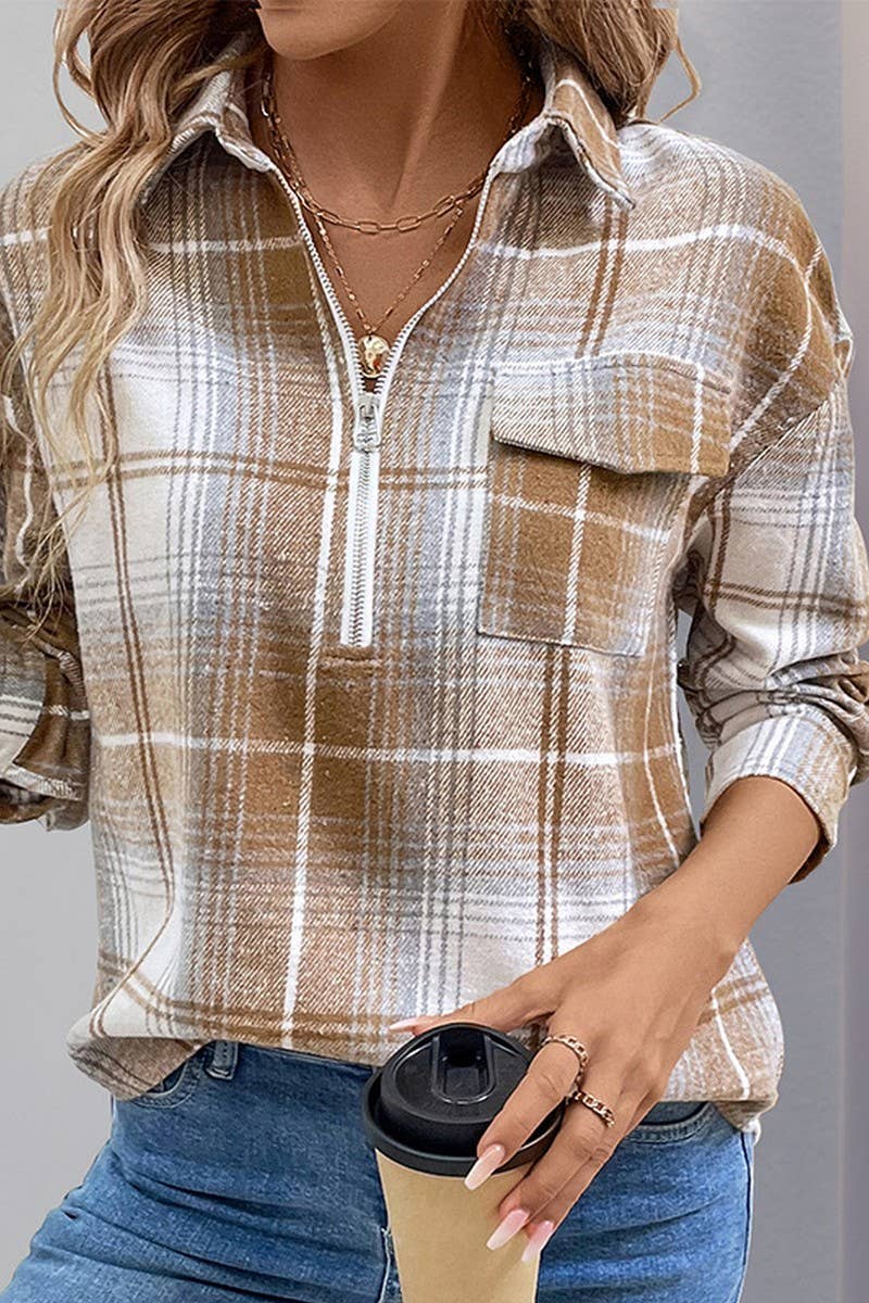 CWTBLL3739_RETRO LOOSE CASUAL AUTUMN AND WINTER PLAID TOP