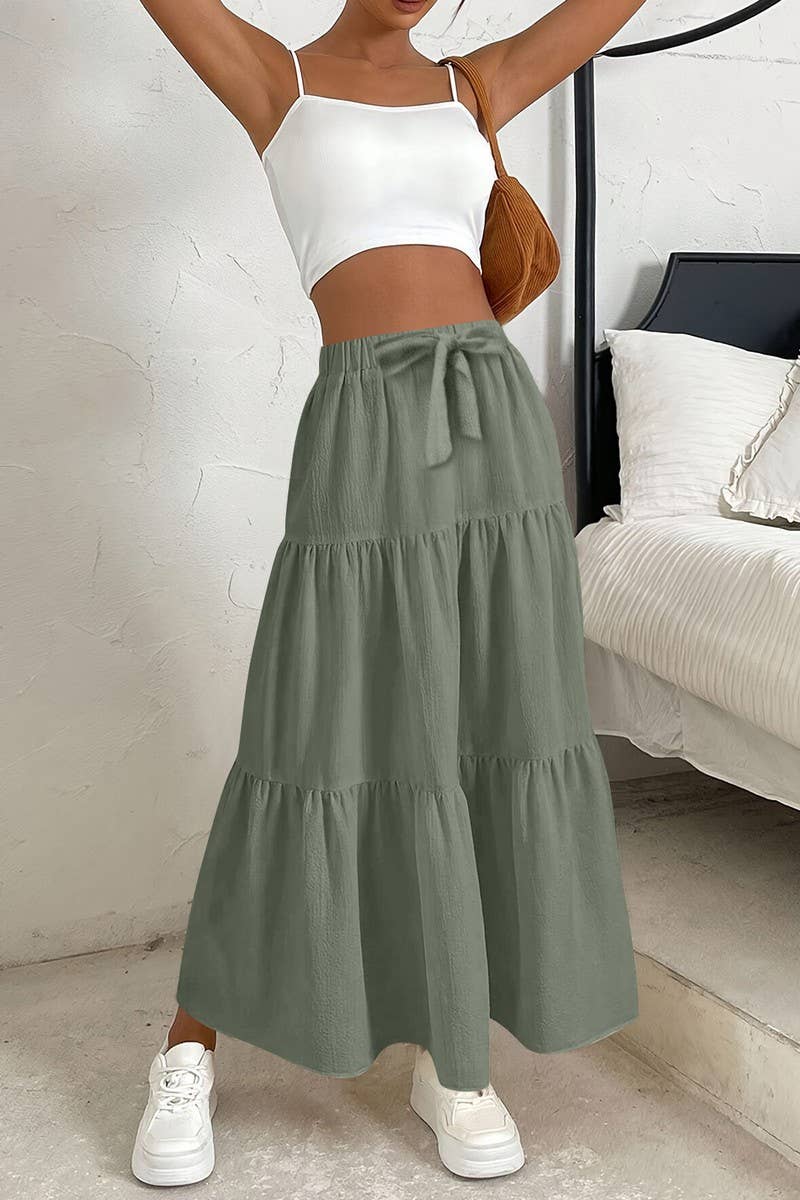 CWBLS0559_BOW WAIST TIERED SOLID MIDI SKIRT