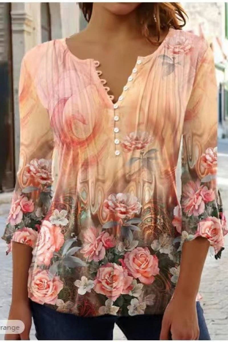 CWTTS1452_SPRING AND SUMMER V-NECK FLORAL BOTTOMING SHIRT
