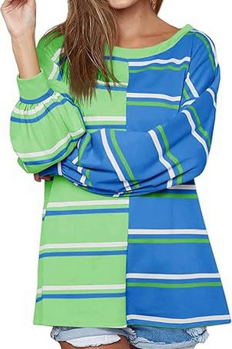 CWTBLL3903_LOOSE CASUAL STRIPED KNIT LONG SLEEVE SWEATSHIRT