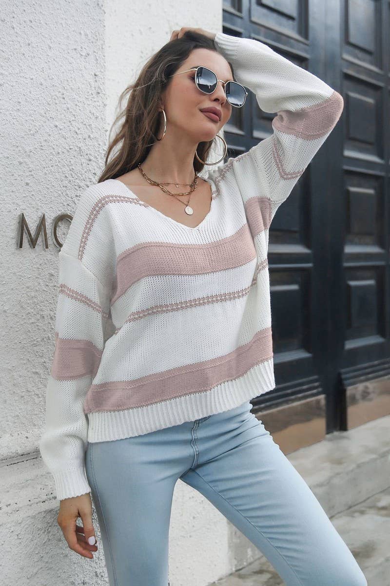 CWOSWL4195_LOOSE STRIPED V-NECK LONG SLEEVE SWEATER
