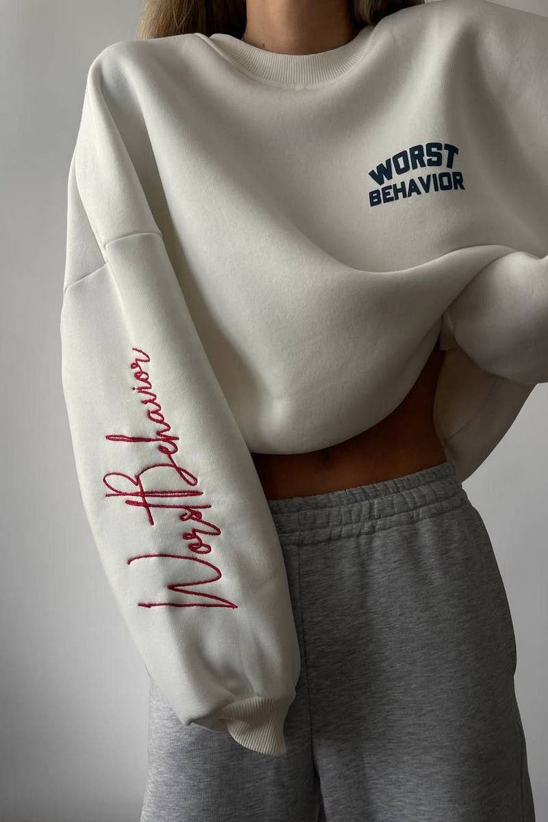 CWTBLL3448_CONTRAST COLOR LETTERING EMBROIDERED SWEATSHIRT