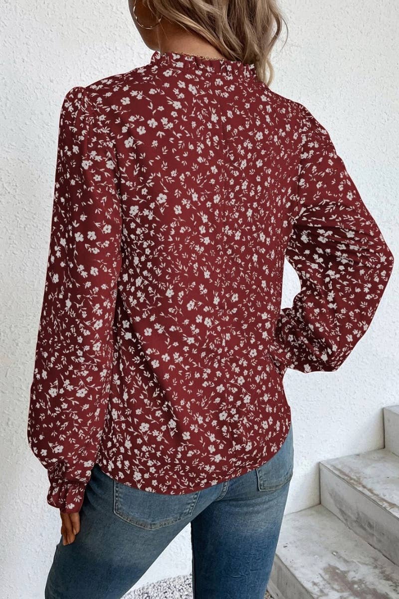 CWTSTL2080_FLORAL V-NECK RUFFLED LONG-SLEEVED SHIRT