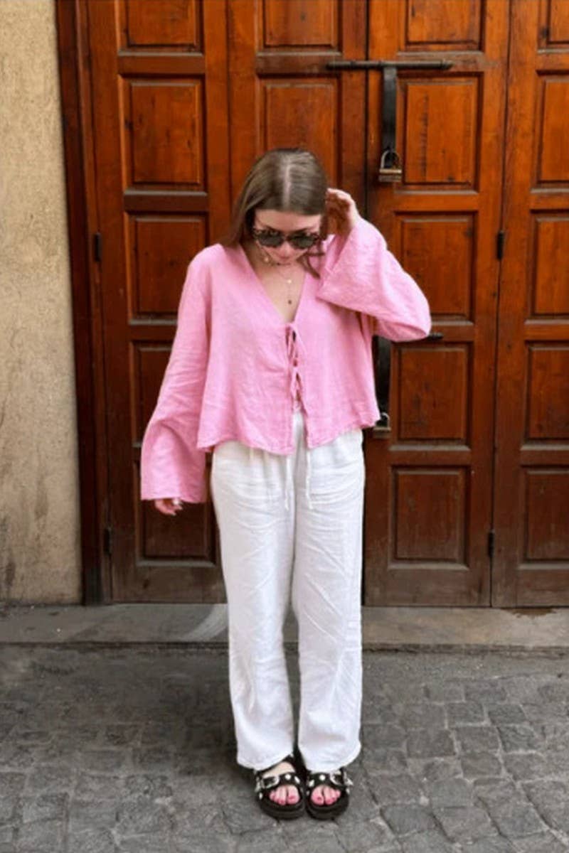 CWTBLL00693_SOLID COLOR DEEP V-NECK FLARED SLEEVE TOP