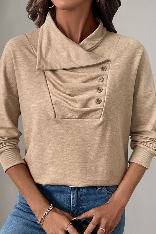 CWTBLL2299_SOLID COLOR PLEATED BUTTON STAND SWEATSHIRT