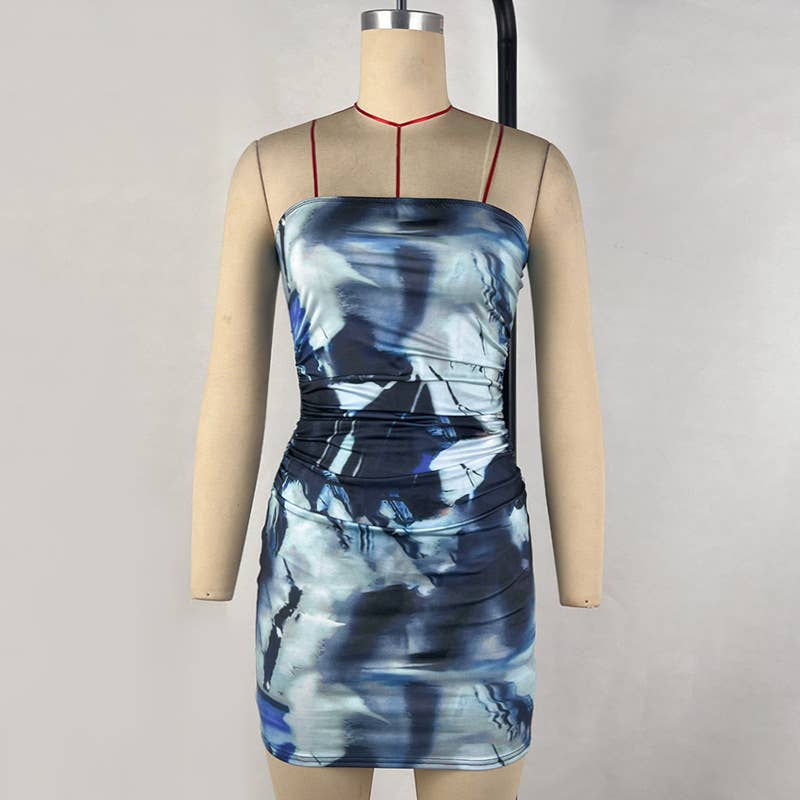 Backless Tie-Dye Ruched Bodycon Tube Dress