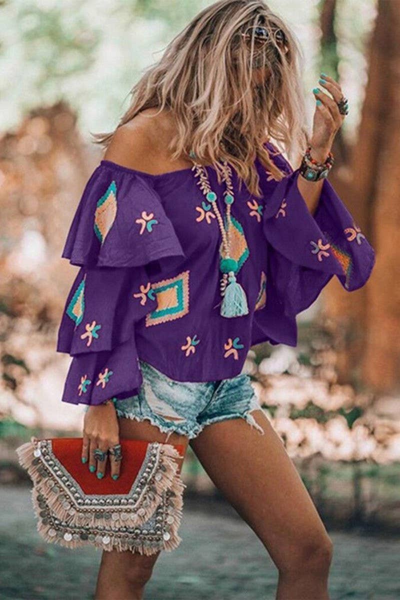 Boho print one-shoulder long-sleeved pullover top
