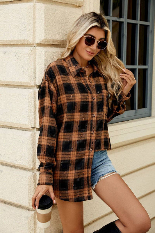 CWTSTL2063_CROCHET LONG-SLEEVED LOOSE LAPEL PLAID SHIRT