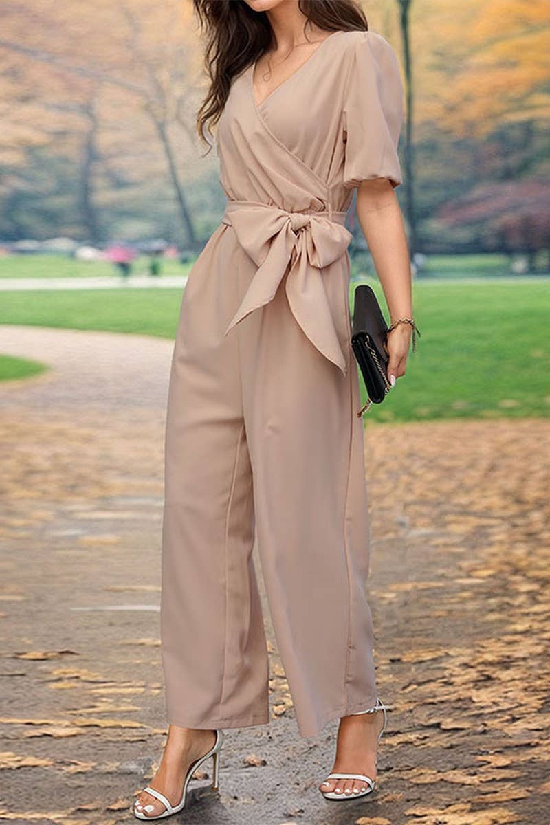 CWSJS0874_SOLID COLOR V-NECK TIE WIDE-LEG JUMPSUIT