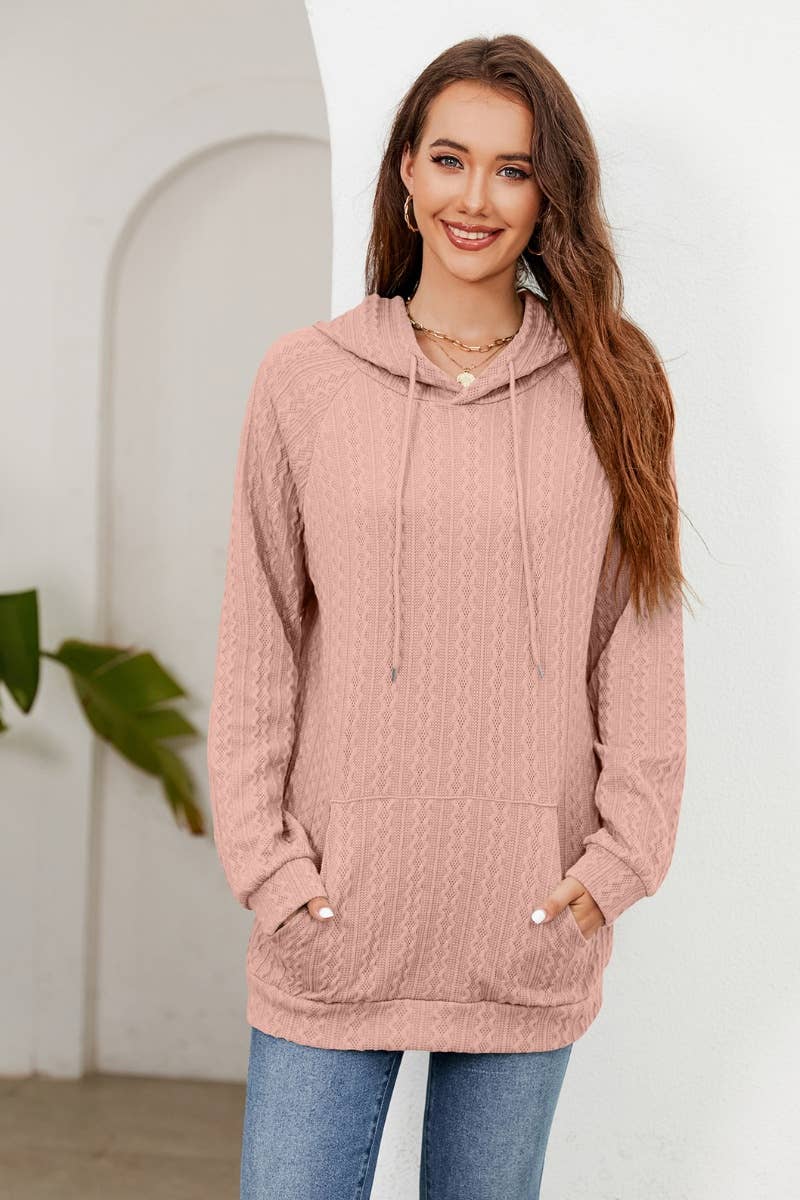 CWOHOL0983_HOODED DRAWSTRING LONG SLEEVE POCKET KNIT HOODIE