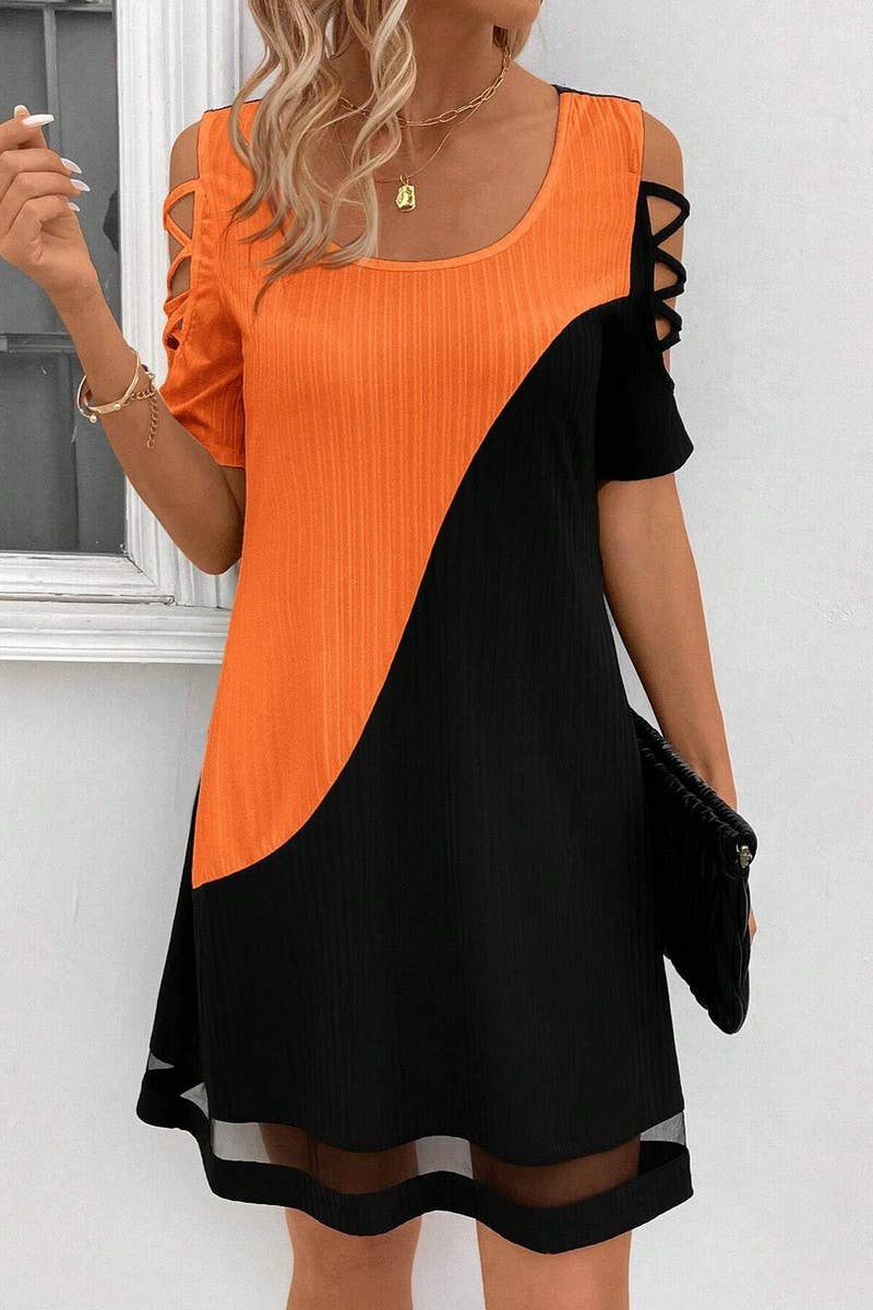 CWDSD7555_TEMPERAMENT COLOR MATCHING HOLLOW MESH DRESS