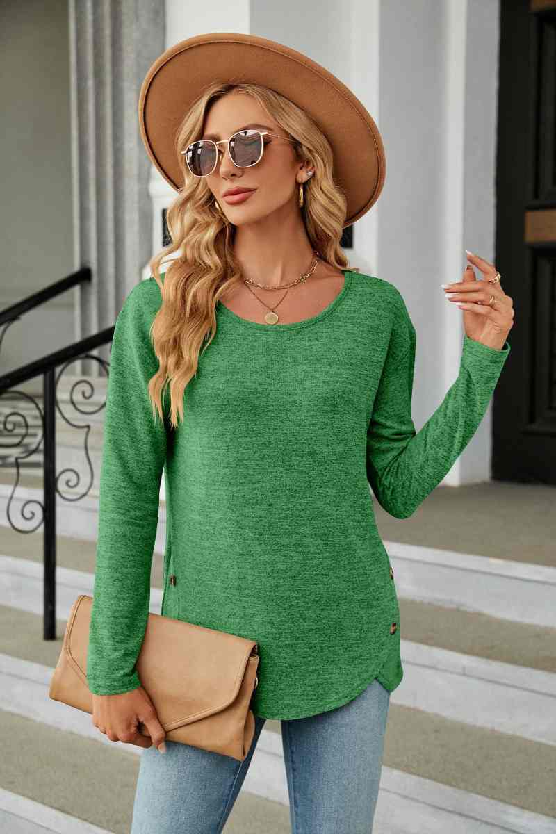 CWTBLL2839_BIG CREW-NECK LONG SLEEVE SPLIT BUTTON TOP