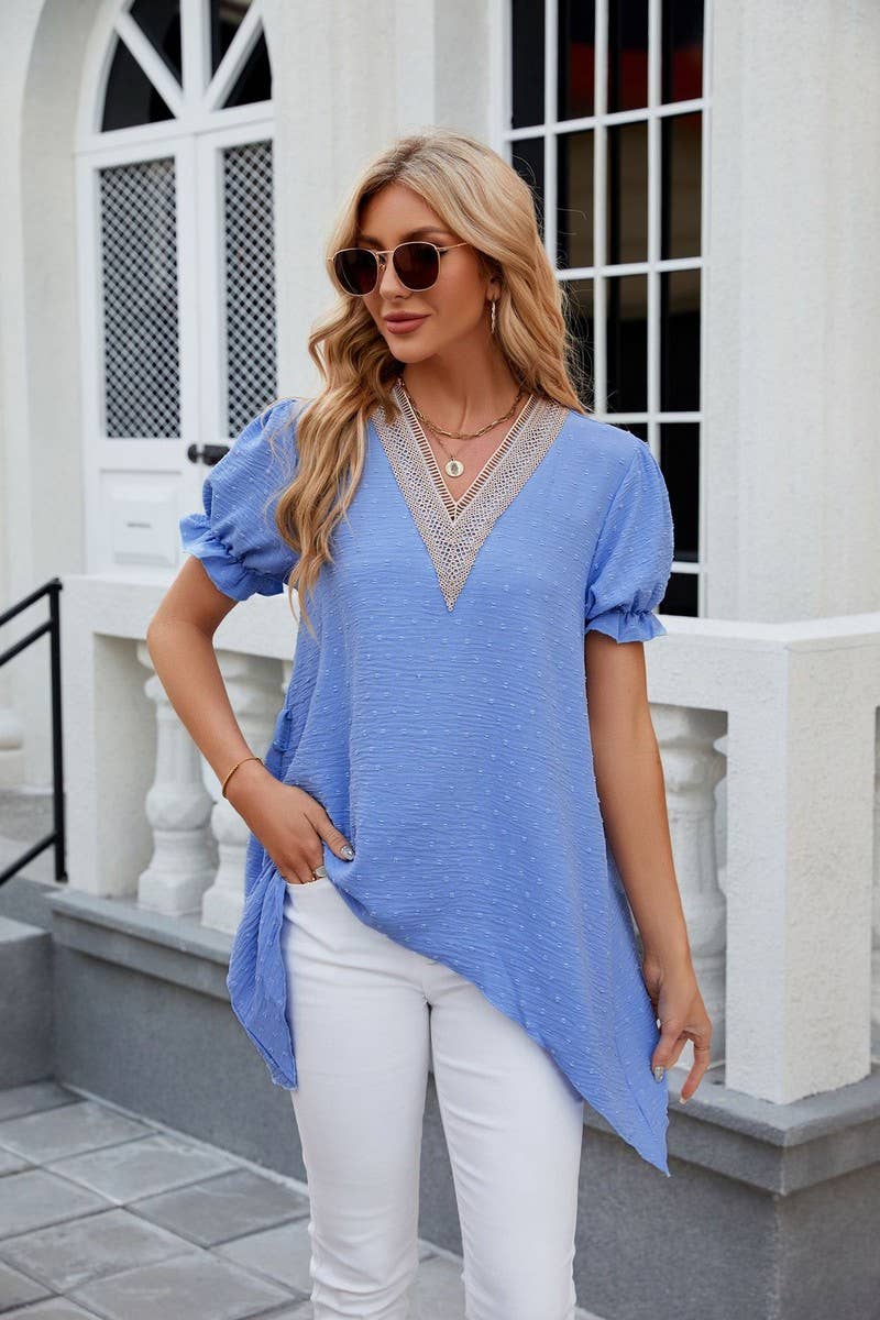 CWTBLS0445_V-Neck Short Sleeve Lace Trim Top