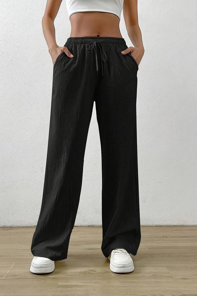 CWBLP2092_SOLID COLOR DRAWSTRING WAIST WIDE LEG PANTS