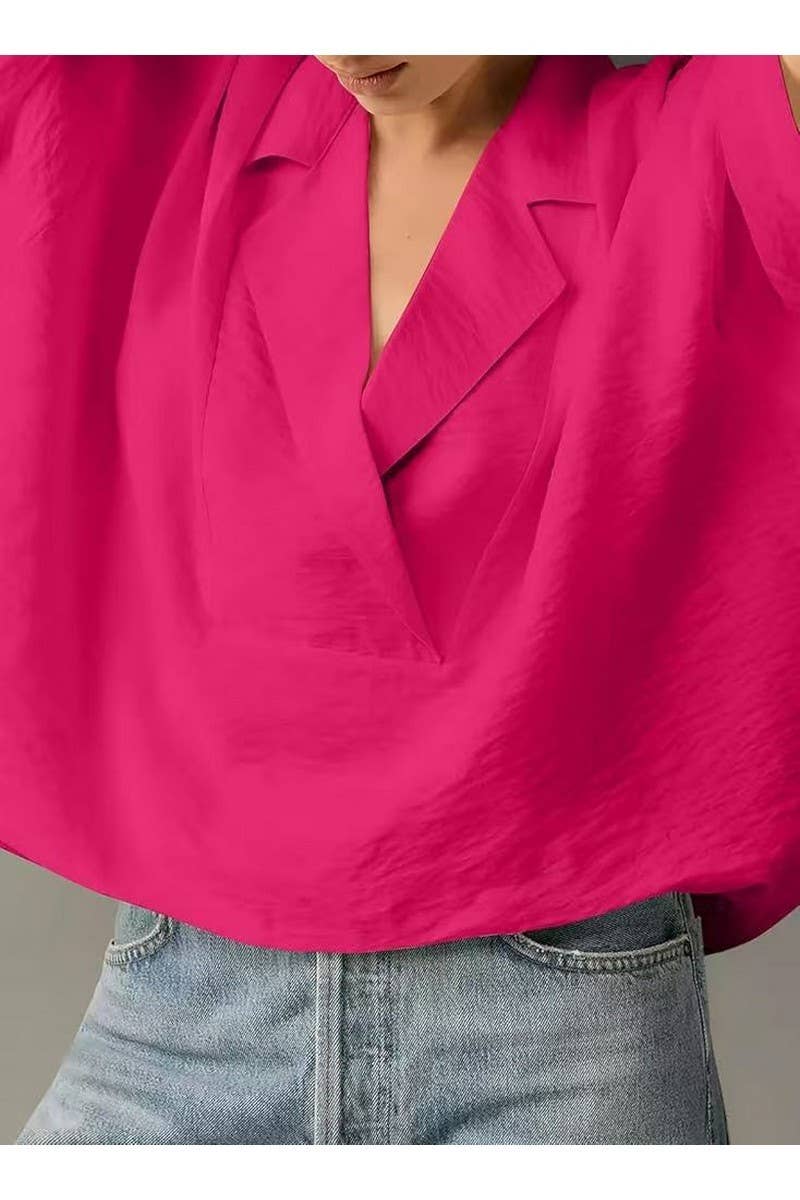 CWTBLS02500_2025SUMMER WOMEN POLO COLLAR SHORT SLEEVE BLOUSE