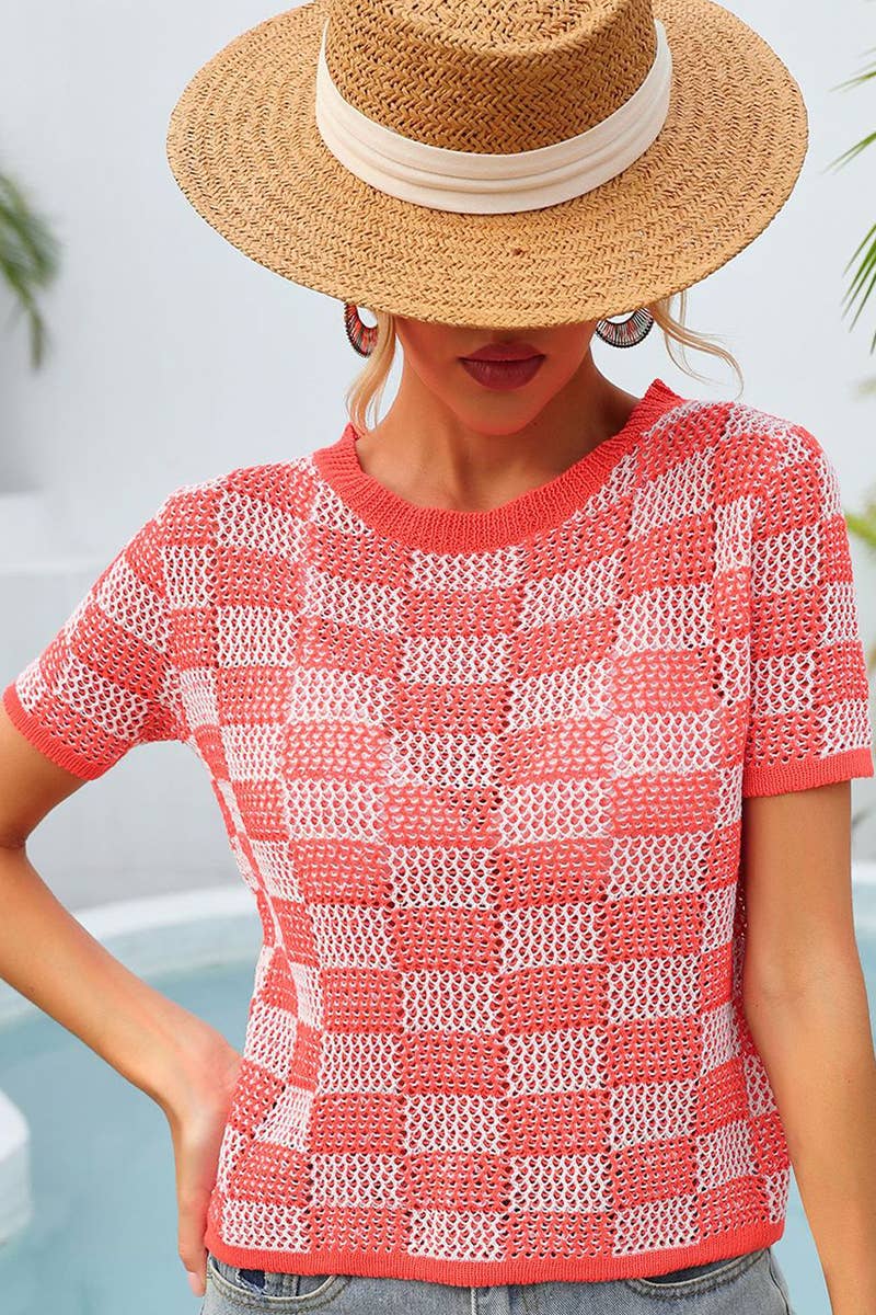 CWTBLS1750_SUMMER PLAID HOLIDAY CASUAL CREW NECK SHIRT