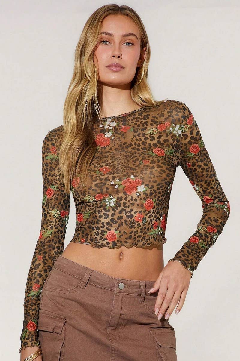 CWTBLL3924_LEOPARD FLORAL MESH SHEER CROP LONG SLEEVE TOP
