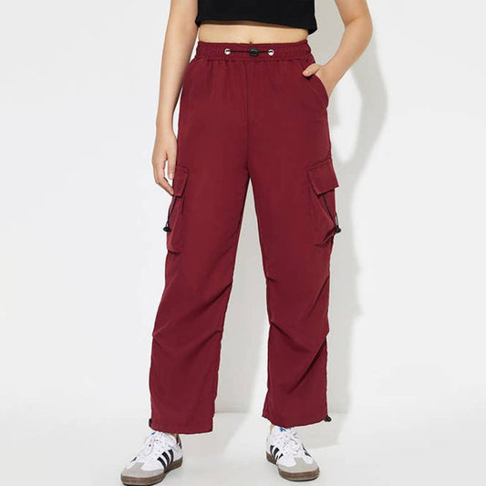ELASTIC HIGH-WAISTED SOLID COLOR WIDE-LEG PANTS
