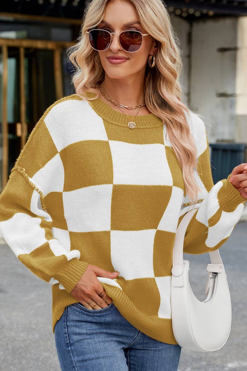 CWOSWL07726_LOOSE CASUAL PLAID COLORBLOCK SWEATER